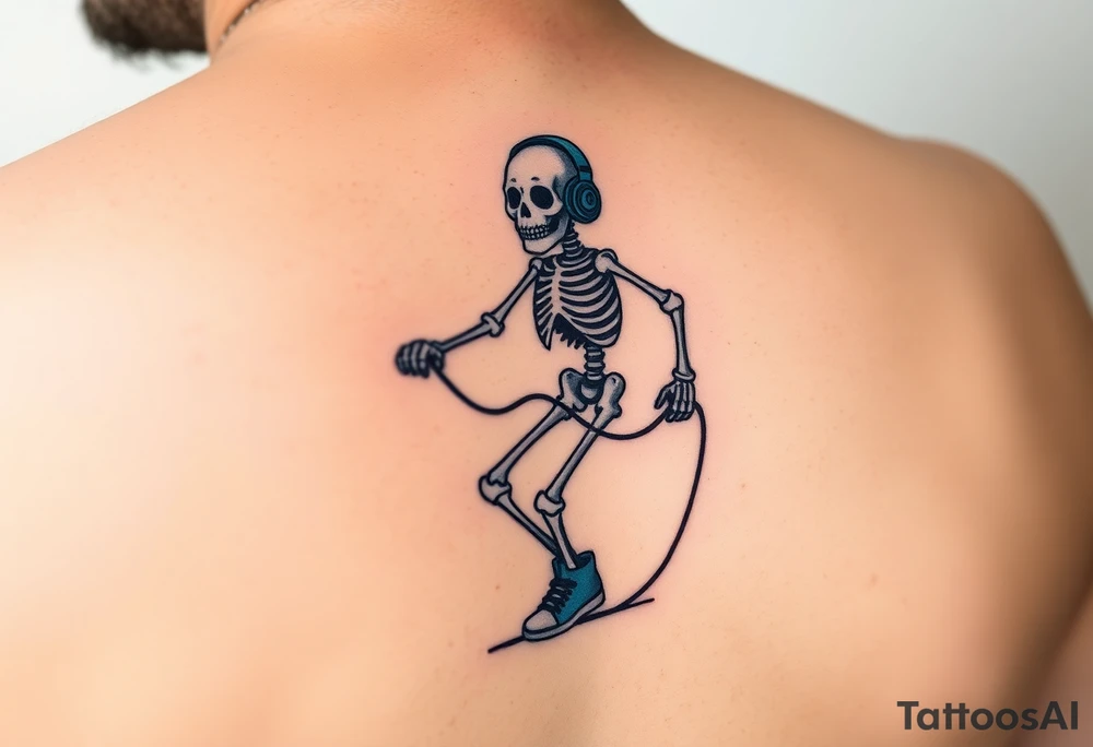 Minimalist funny looking fat skeleton skipping on a jumping rope with blue headphone blue tennis shoes blue arm bands and music notes colorful tattoo idea