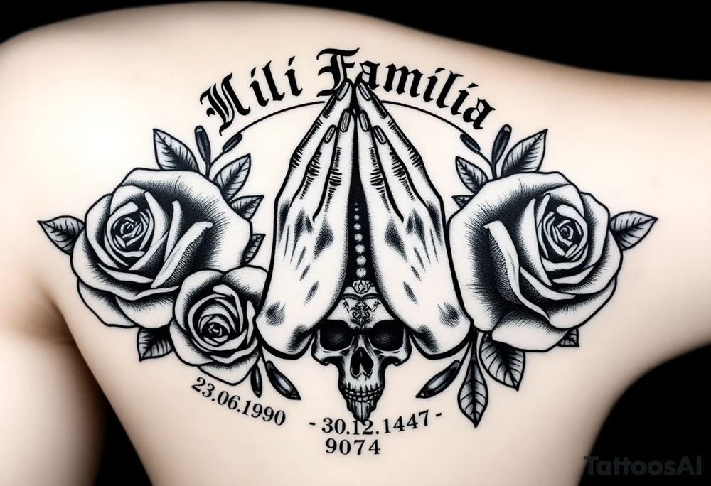Black and grey gang style tattoo design. Centered praying hands with a rosary, surrounded by three realistic roses. Above the hands, gothic text saying 'Mi Familia'. Below each rose, a date in this order: '23.06.1980', '30.12.1946', '07.04.1979 . Add a crowned skull subtly in the background, symbolizing loyalty after death. Chicano tattoo style, fine shading, no color tattoo idea