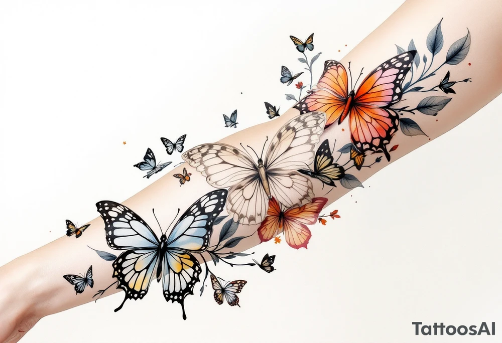 Butterflies of different sizes and colors tattoo idea