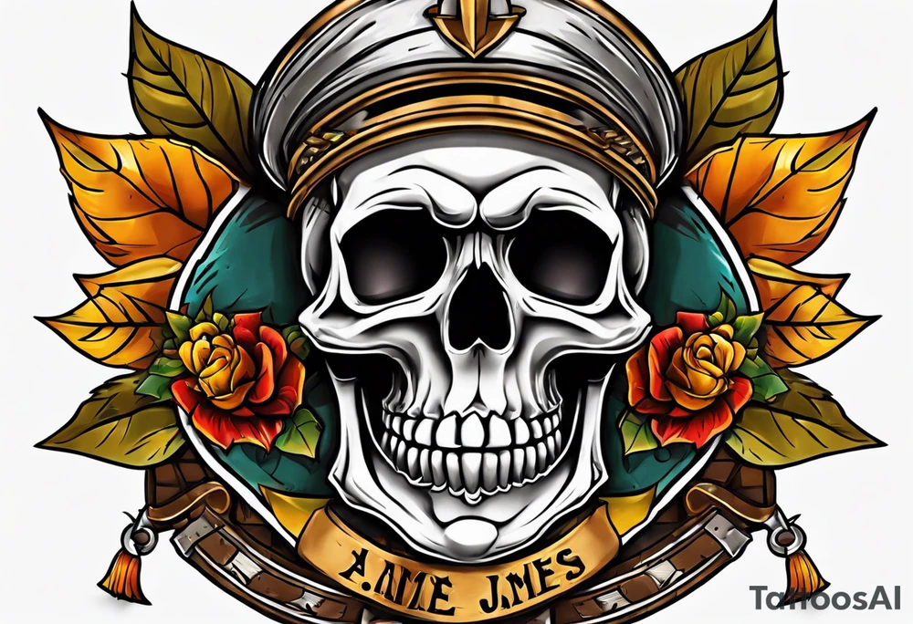 Old school knee tattoo with skull and fall colors tattoo idea