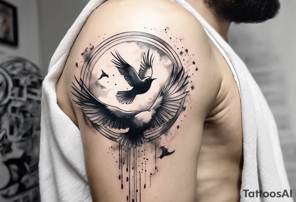 shoulder tattoo with light rays with birds flying free among the clouds, round shape, 3d effect tattoo idea shoulder tattoo with light rays with birds flying free among the clouds, round shape, 3d effect tattoo idea
