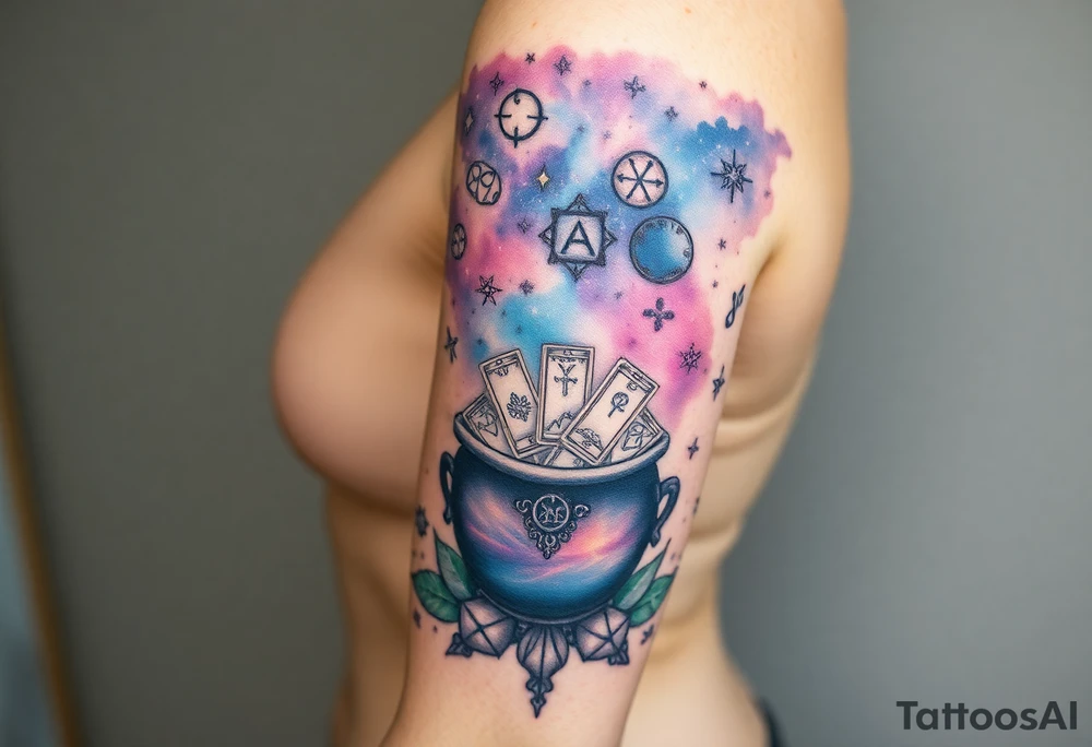 Milky way filled with zodiac symbols runes tarot cards coming out of a cauldron tattoo idea