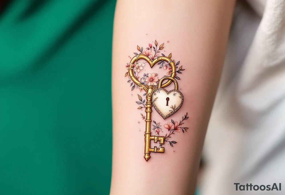 A finely detailed key with a heart-shaped end, surrounded by a floral border, leading to an elegant lock adorned with tiny flowers. Gold for the key, soft blush and peach for the flowers, and a creamy ivory lock with subtle silver detailing. tattoo idea