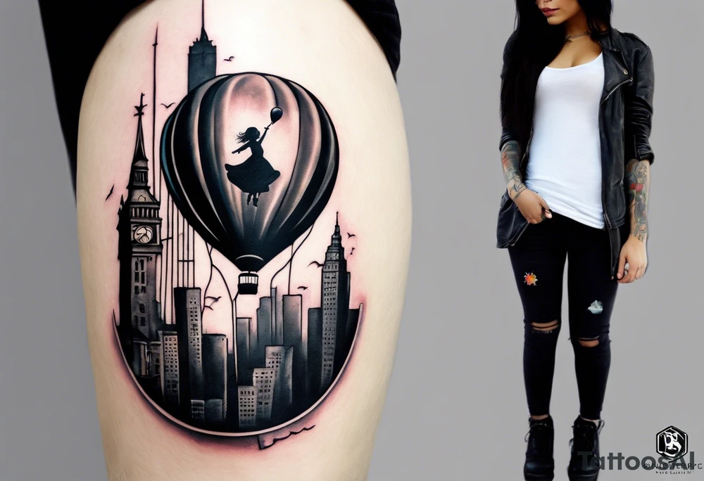 **Tattoo Prompt:**

Design a tattoo inspired by Nine Inch Nails' song "Right Where It Belongs," incorporating iconic Banksy imagery. The central piece could feature a young girl, reminiscent of Banksy's "Balloon Girl," standing at the edge of a precipice. Instead of a heart-shaped balloon, she holds a cracked mirror reflecting a distorted cityscape, symbolizing the themes of reality and illusion.

Around her, faint, ghostly images of people in gas masks (similar to Banksy's "Napalm" piece) emerge from the shadows, representing the song's commentary on societal influence and perception. Above, in a stylized, graffiti-like font, the words "Right Where It Belongs" arc across the scene, blending into the fragmented skyline.

The entire composition is framed by a barbed wire halo, adding a touch of defiance and the struggle for authenticity, encapsulating the haunting and reflective essence of both the song and Banksy's art. tattoo idea