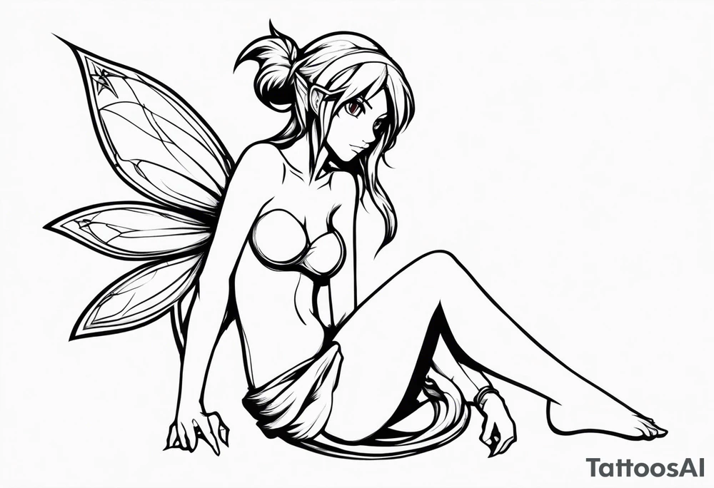No color sketch of a fairy with a tail inspired by the guild symbol in the anime show called Fairy Tail in a fetal position leaning in and forward while crawled in tattoo idea