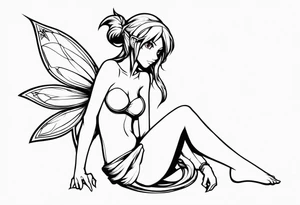 No color sketch of a fairy with a tail inspired by the guild symbol in the anime show called Fairy Tail in a fetal position leaning in and forward while crawled in tattoo idea