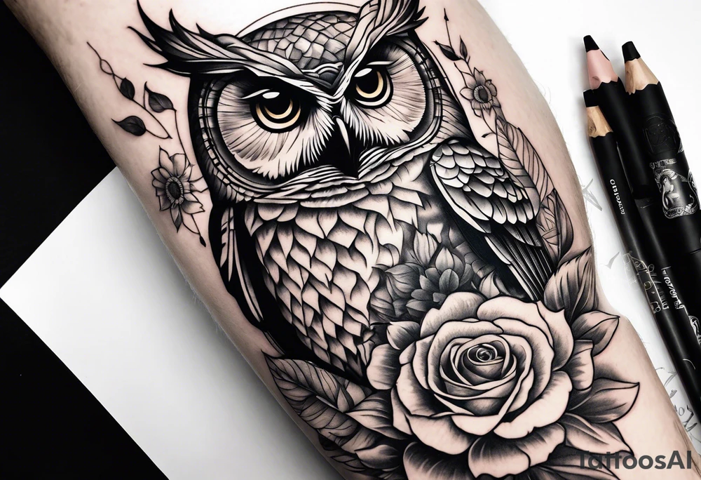 Sunflower, camera, book, owl, flower rose tattoo idea