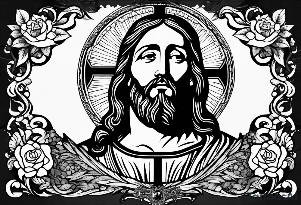 relegious sleeve with jesus and a cross with a bible verse tattoo idea