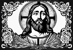 relegious sleeve with jesus and a cross with a bible verse tattoo idea