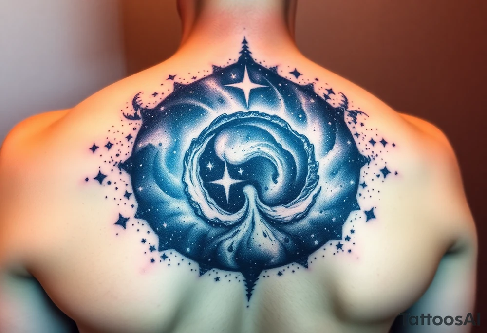 Beautiful and epic 3d milky way that appears to be what is beneath the skin. Make it drape over the shoulder and move to the middle back. use negative spaces to create stars and dust. Incorporate God breathing life into the universe. Keep it symmetrical tattoo idea
