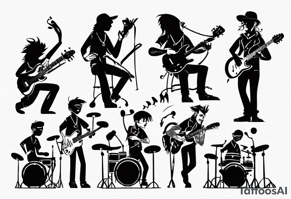 shadows of band members playing instruments. The words Riley and Jasper are formed by the parts of the picture. tattoo idea