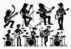 shadows of band members playing instruments. The words Riley and Jasper are formed by the parts of the picture. tattoo idea