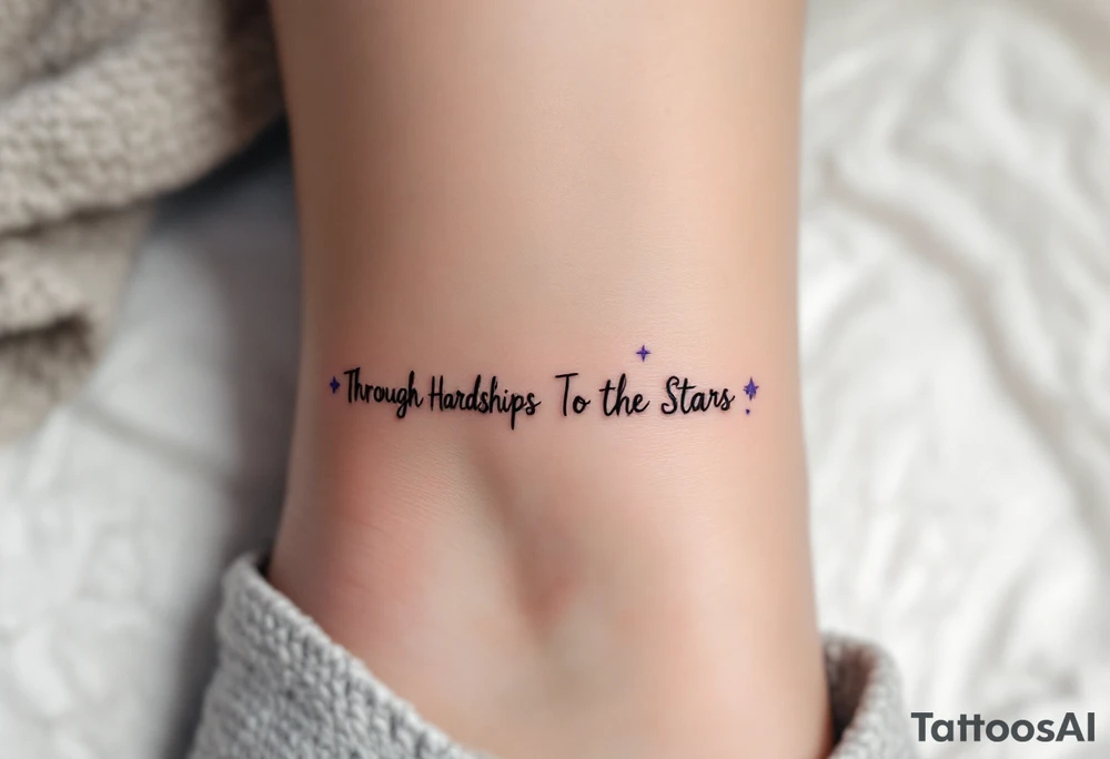 A simple black-ink tattoo wraps “Through Hardships To the Stars” around the ankle, with each word nestled between tiny violet stars. S tattoo idea