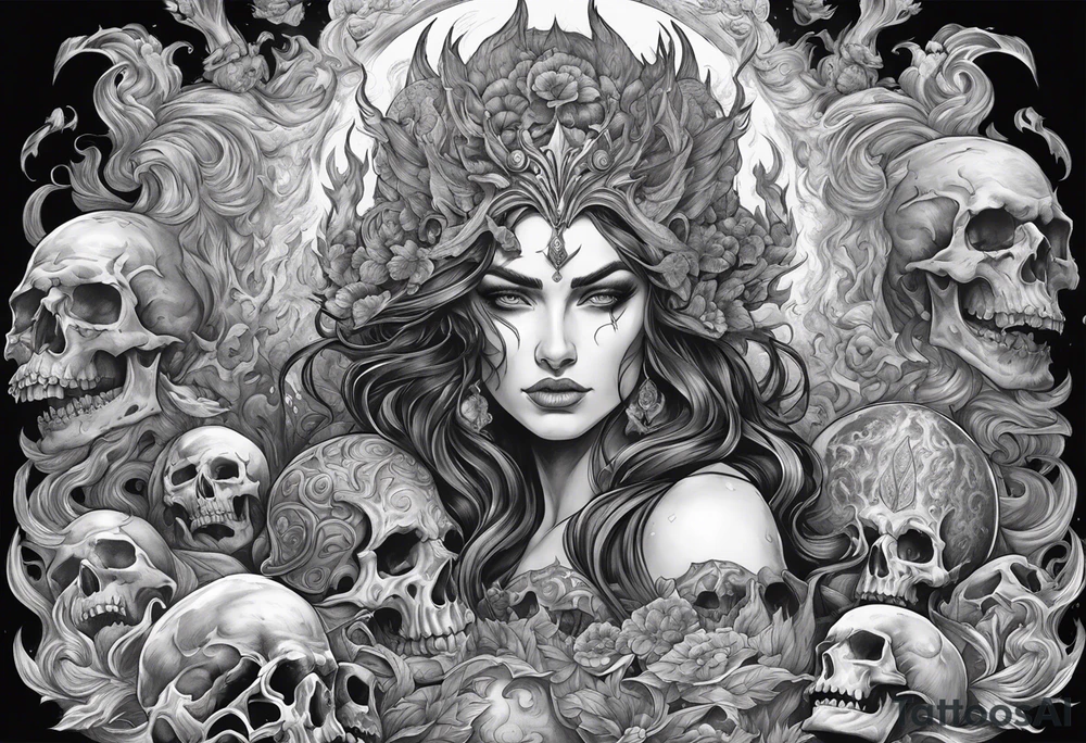 Hades in hell surrounded by skulls and fire tattoo idea
