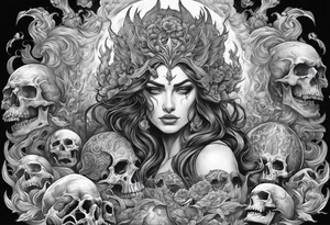 Hades in hell surrounded by skulls and fire tattoo idea