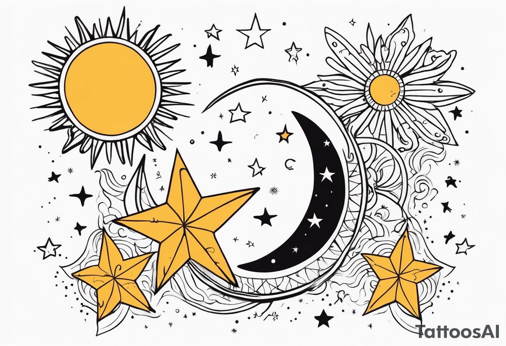 Western sun stars and moon. Mirrored with swirls and dots and stars tattoo idea