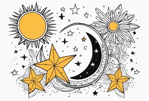 Western sun stars and moon. Mirrored with swirls and dots and stars tattoo idea