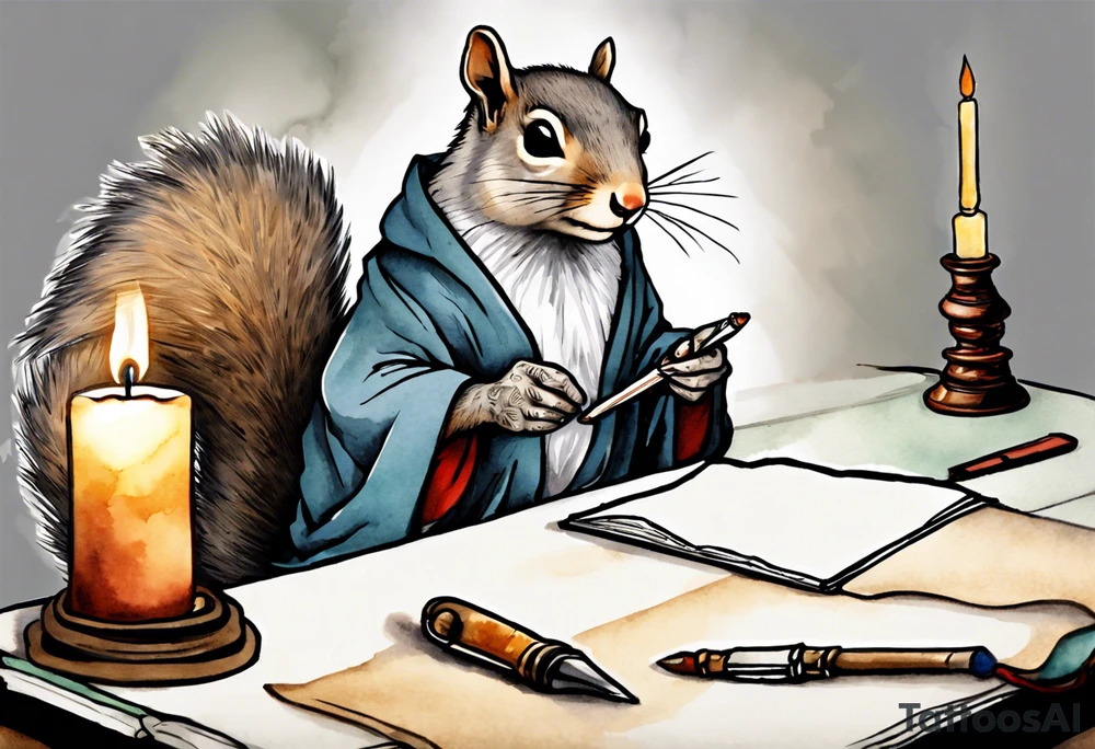 an elderly grey squirrel dressed in a monk robe wearing an eye patch sitting at a desk in the dark holding a quill writing by candlelight tattoo idea