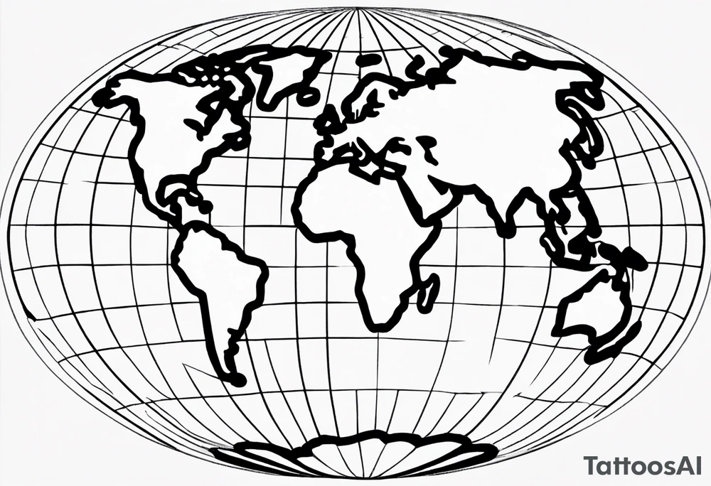 the earth on a flat map with no shading placed on a grid with only the lines with accurate depictions of the borders in countries while having it in an oval/circular position on a grid without any borders on the sides while having the countries not have such bold borders tattoo idea