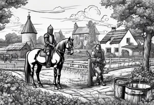 a knight kneeling with an old farm in the background and horses in the netherlands and a swimmingpool and an airfryer tattoo idea
