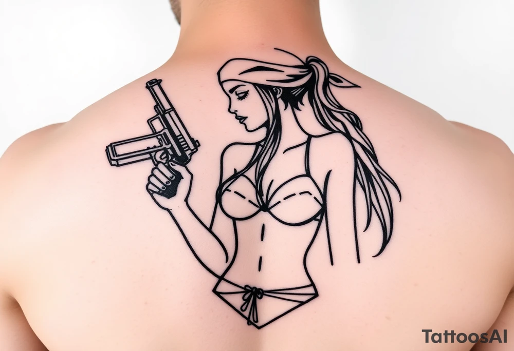 Girl wearing bandana in bikini holding gun gangster tattoo idea