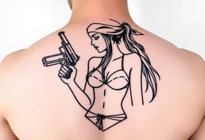 Girl wearing bandana in bikini holding gun gangster tattoo idea