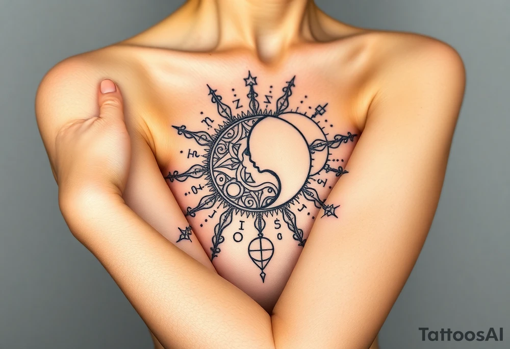 celestial sun and moon with constellation patterns runes in starry sky tattoo idea
