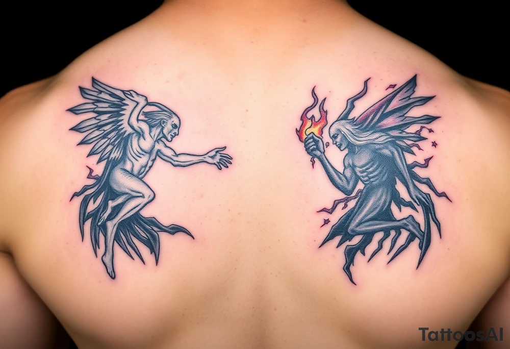 Heaven and hell fighting each other on earth tattoo idea
