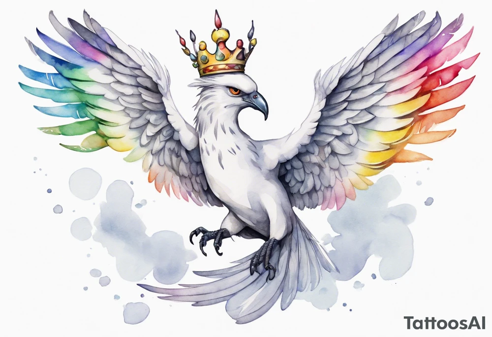 a watercolor of a white bird-serpent hybrid wearing a grey crown, with rainbow wing feathers, flying in the sky tattoo idea