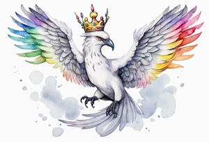 a watercolor of a white bird-serpent hybrid wearing a grey crown, with rainbow wing feathers, flying in the sky tattoo idea