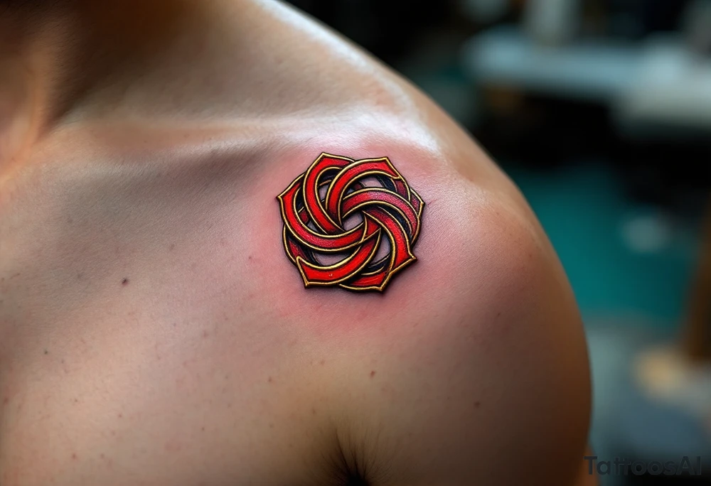 Endless knot in deep red and gold, reflecting the interconnectedness of all existence. tattoo idea