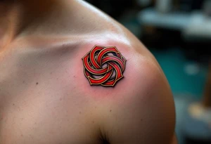 Endless knot in deep red and gold, reflecting the interconnectedness of all existence. tattoo idea