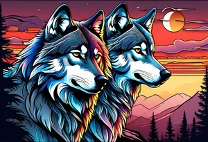 Wolves spouses
Dark woods
Mountains
Sunset tattoo idea