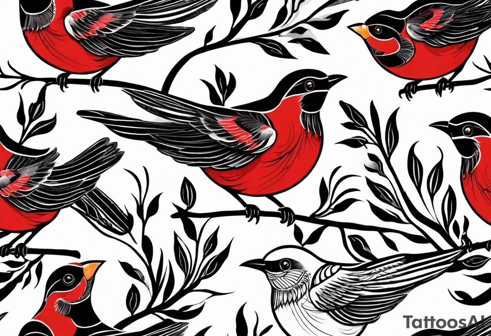 6 very small song birds flying near a red cardianl tattoo idea