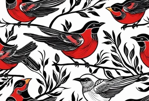 6 very small song birds flying near a red cardianl tattoo idea