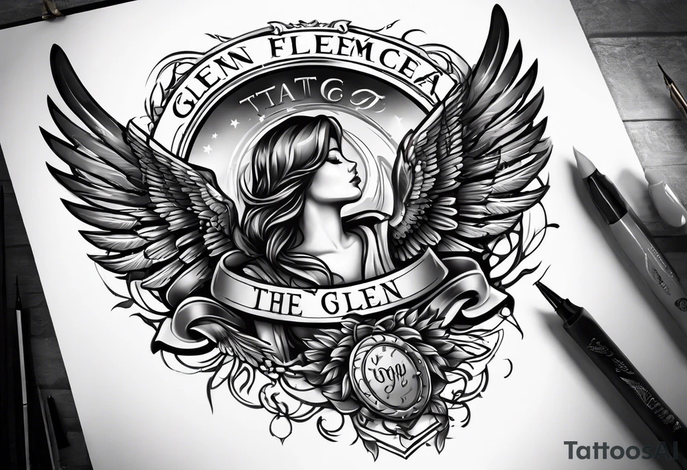 Simple tattoo with the word Glenn on a banner and angel wings tattoo idea