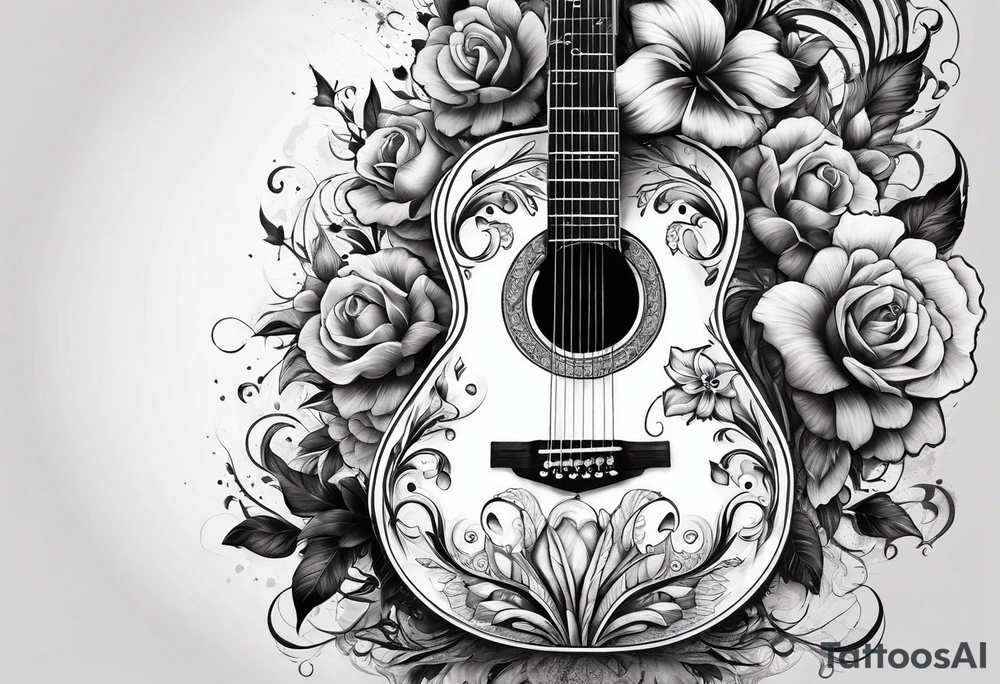 Guitar, guitar neck, skulls, flowers tattoo idea