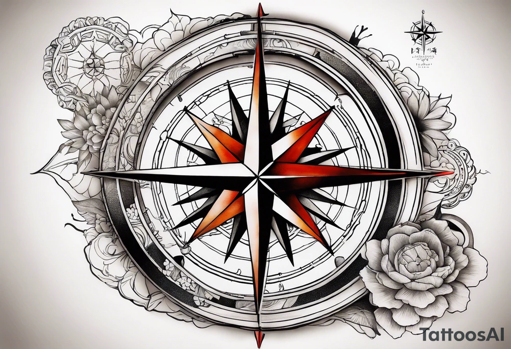 Travel themed for thigh, compass rose overlaid with a map tattoo idea
