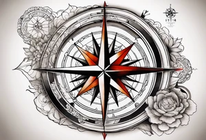 Travel themed for thigh, compass rose overlaid with a map tattoo idea