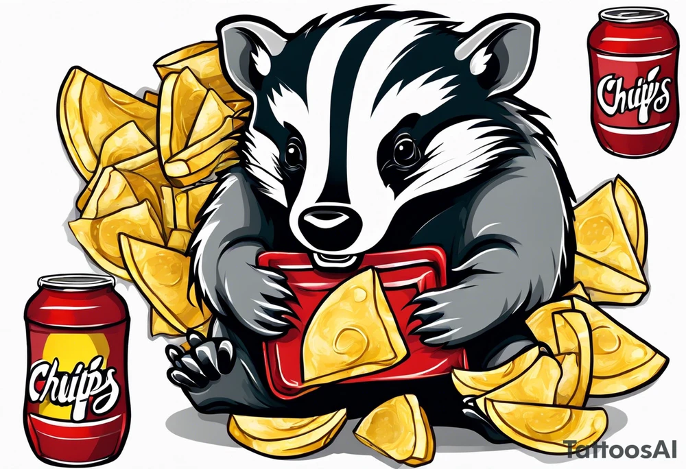 Angry badger with mouth open holding bag of chips tattoo idea