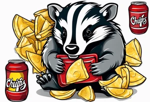 Angry badger with mouth open holding bag of chips tattoo idea