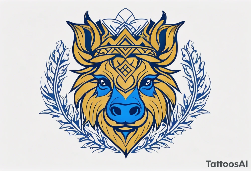 A classic tribal Celtic boar Integrated with a Chatwin, family crest and a Thistle. Simple with few lines. Blue and gold Chevron Chatwin family crest With the name, Chatwin and a Thistle tattoo idea