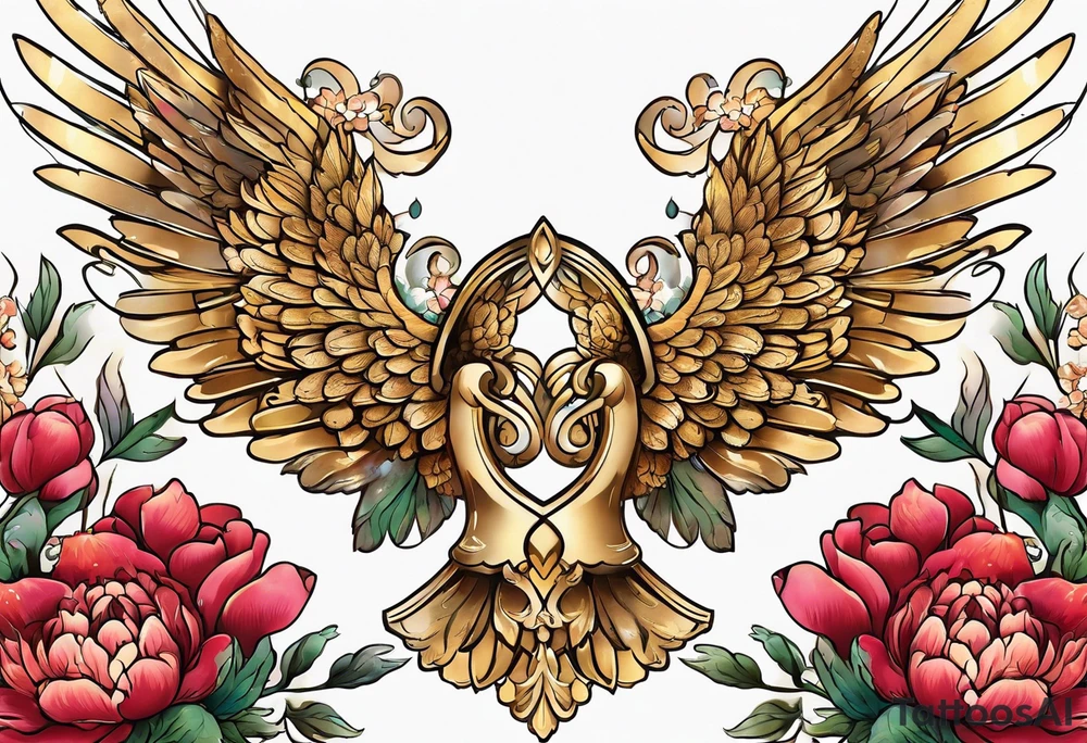 beautiful golden angel wings with colorful peonies. beautiful flilligree in the background , full color tattoo idea