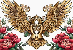 beautiful golden angel wings with colorful peonies. beautiful flilligree in the background , full color tattoo idea