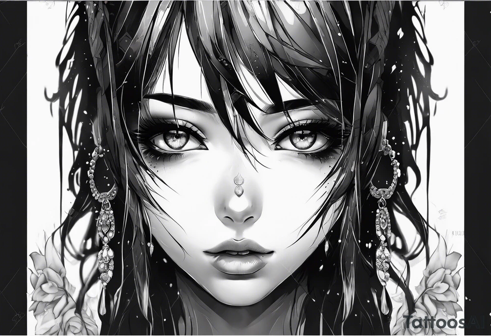 Anime girl face eyes dripping black tears tattoo idea