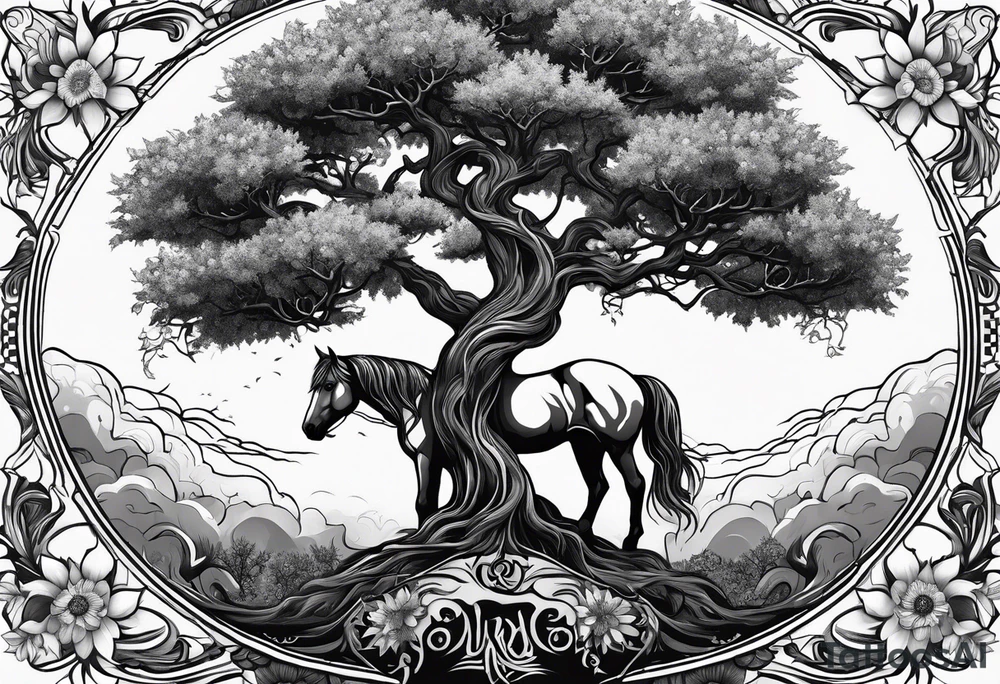 Yggdrasil tree, horse in front of it, and sunflowers tattoo idea