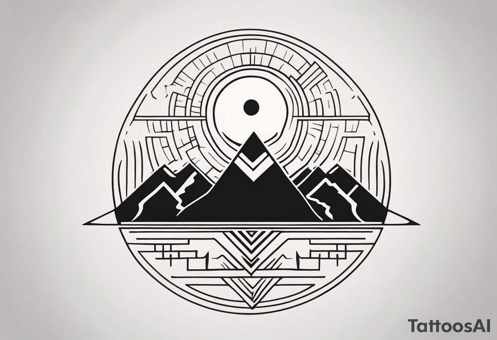 Create a minimalistic tattoo design incorporating a vertical line symbolizing a path. At the top is a spruce tree, the middle part is replaced with an outline of Machu Picchu, and at the bottom is an image of a sun with rays, stylized in Aztec art. Below the sun, add a small llama. All elements are done in black outline with no fill, creating a clean and symbolic image. tattoo idea