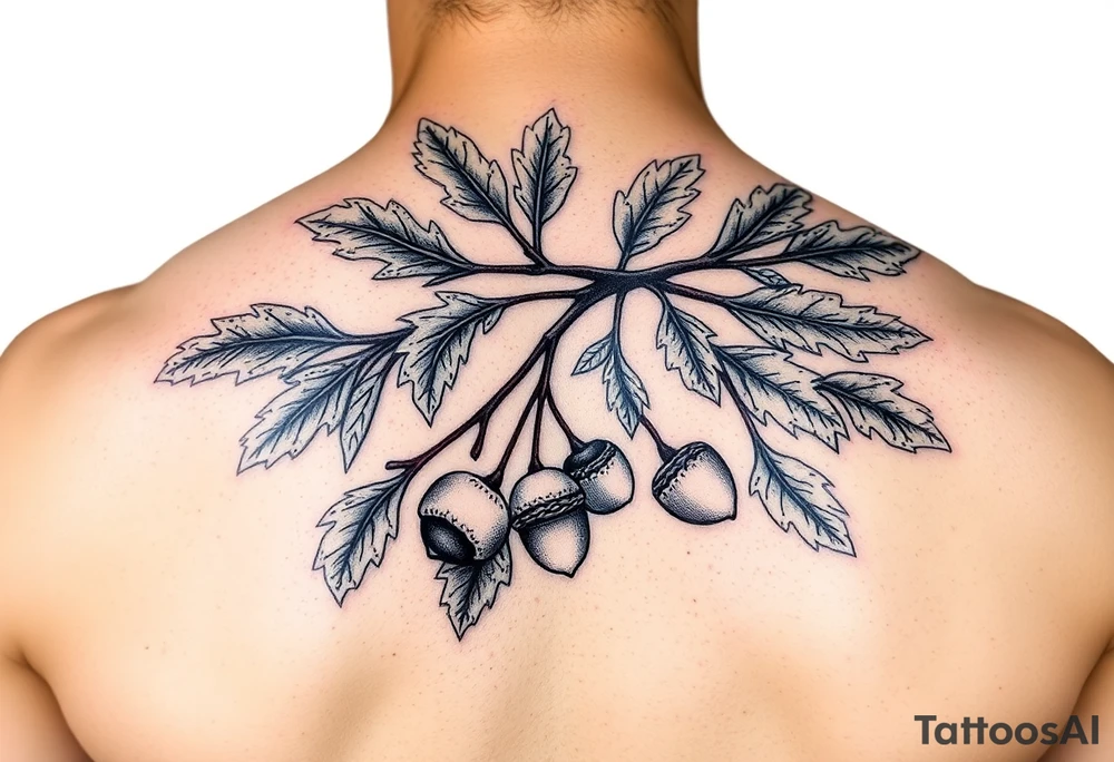oak branch with thick leaves and acorns tattoo idea