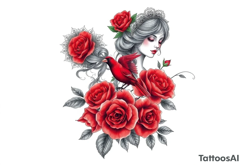 Vintage dollies, red roses, lace, red bird tattoo idea