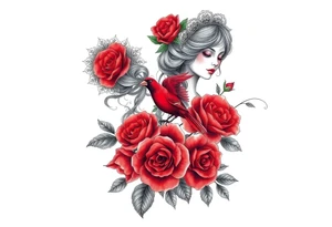 Vintage dollies, red roses, lace, red bird tattoo idea